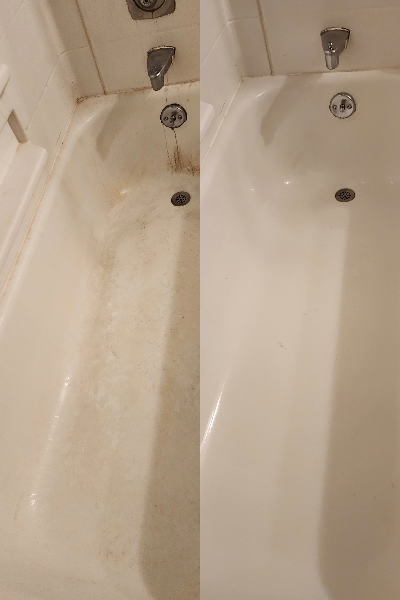 Before and After: Deep cleaning transformation of a bathroom tub, showing the remarkable difference our chemical-free cleaning makes